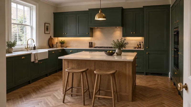 Illustrative kitchen concept with forest-green cabinetry, an oak island and pale stone worktops